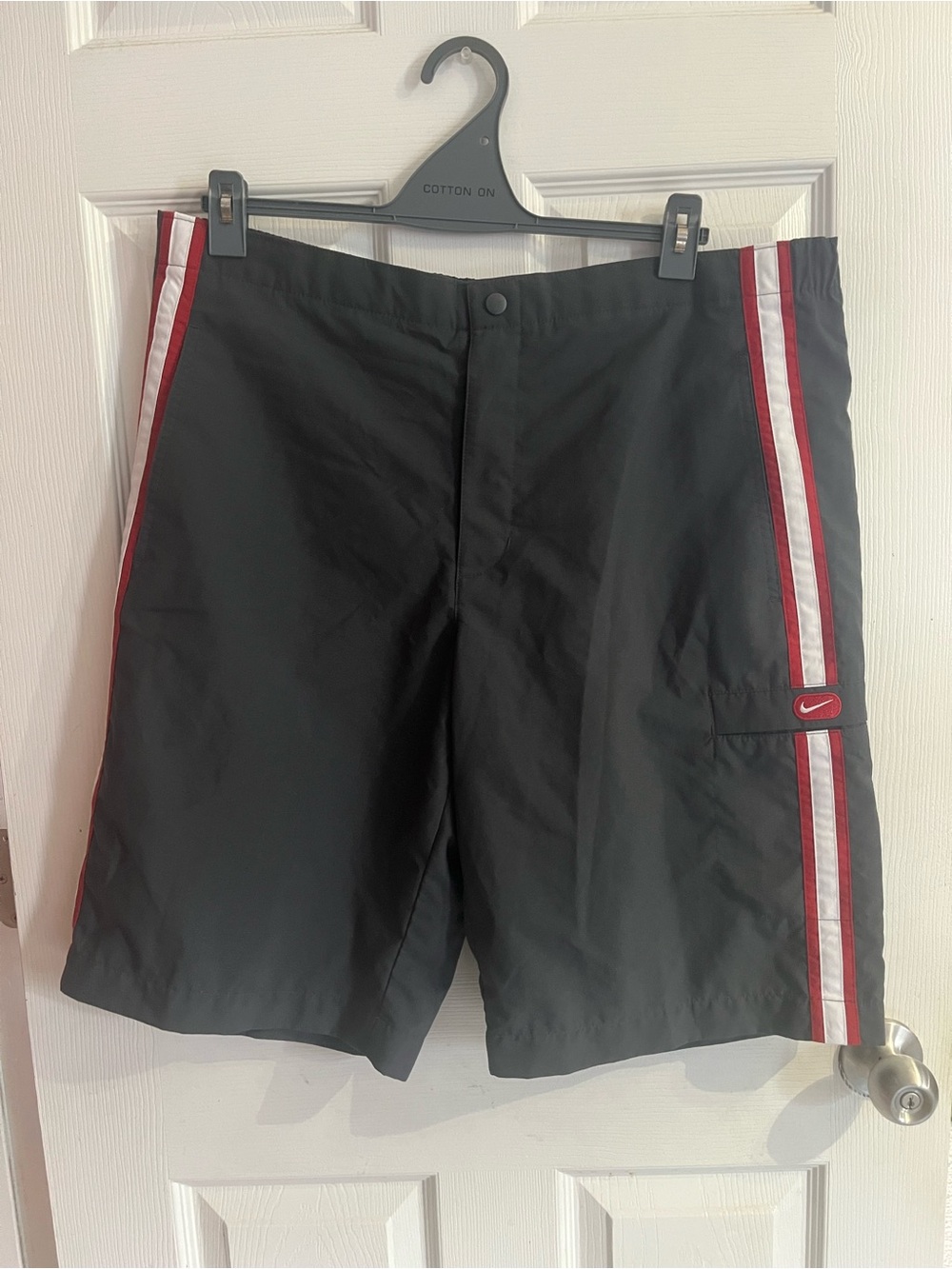 Vintage Nike Men’s Black Athletic Shorts with Red & White Side Stripes